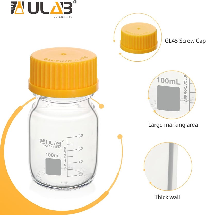 ULAB Round Media Storage Bottle, Vol.100ml(3.4oz) 3.3 Borosilicate Glass Bottles with GL45 Screw Cap, Pack of 12, URB1034 - Image 4